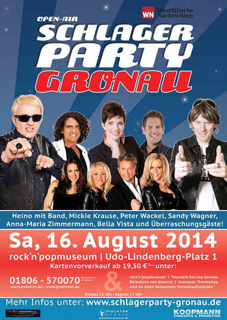 Schlager party Gronau Das Plakat zeigt die Stars Heino, Mickie Krause, Peter Wackel, Sandy Wagner, Anna-Maria Zimmermann, Bella Vista. Samstag den 16. August 2014 am Udo-Lindeberg-Platz 1